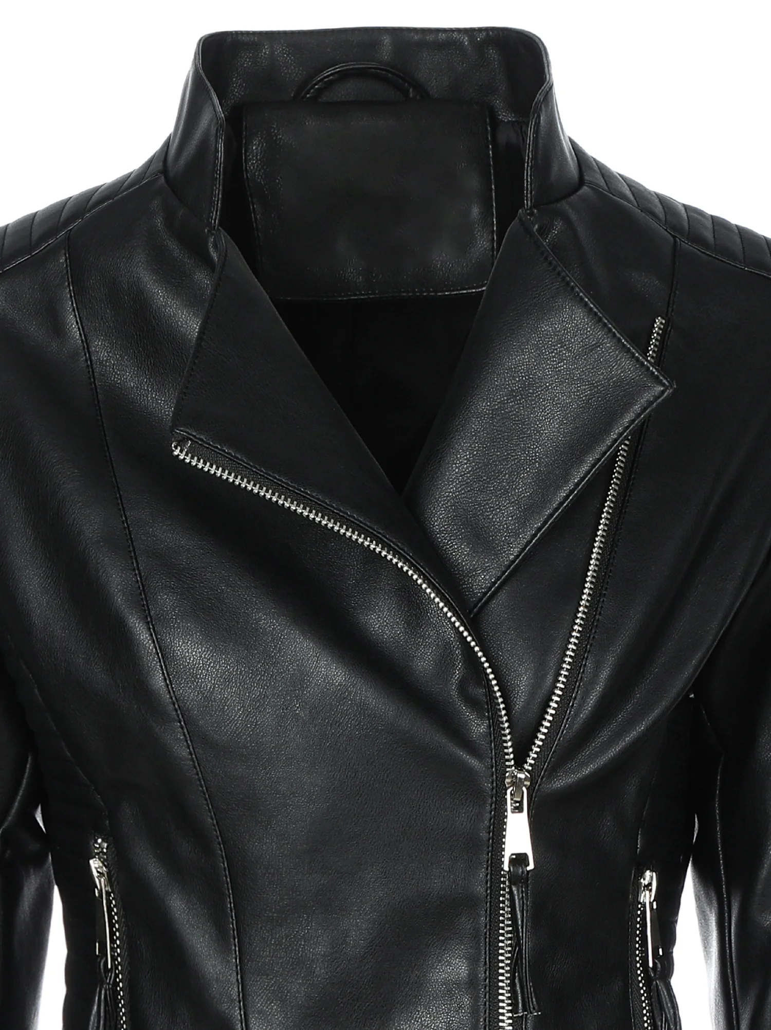 เสื้อแจ็คเก็ตมอเตอร์ไซค์หนัง PU สีดำสำหรับผู้หญิง ทรงเข้ารูป ซิปแบบไม่สมมาตร แต่งลายริบ ให้ความอบอุ่น เหมาะสำหรับฤดูใบไม้ผลิ ฤดูใบไม้ร่วง และฤดูหนาว