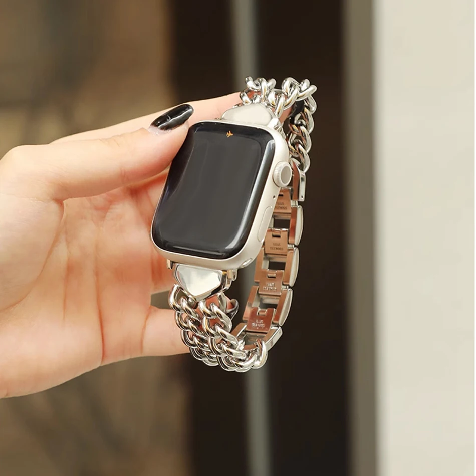 Metal Strap For Apple Watch UItra 8 7 49mm 45mm 44mm Fashion Dual Chain Watch Band For iWatch Series 6 5 SE 4 3 42mm 40mm 38mm