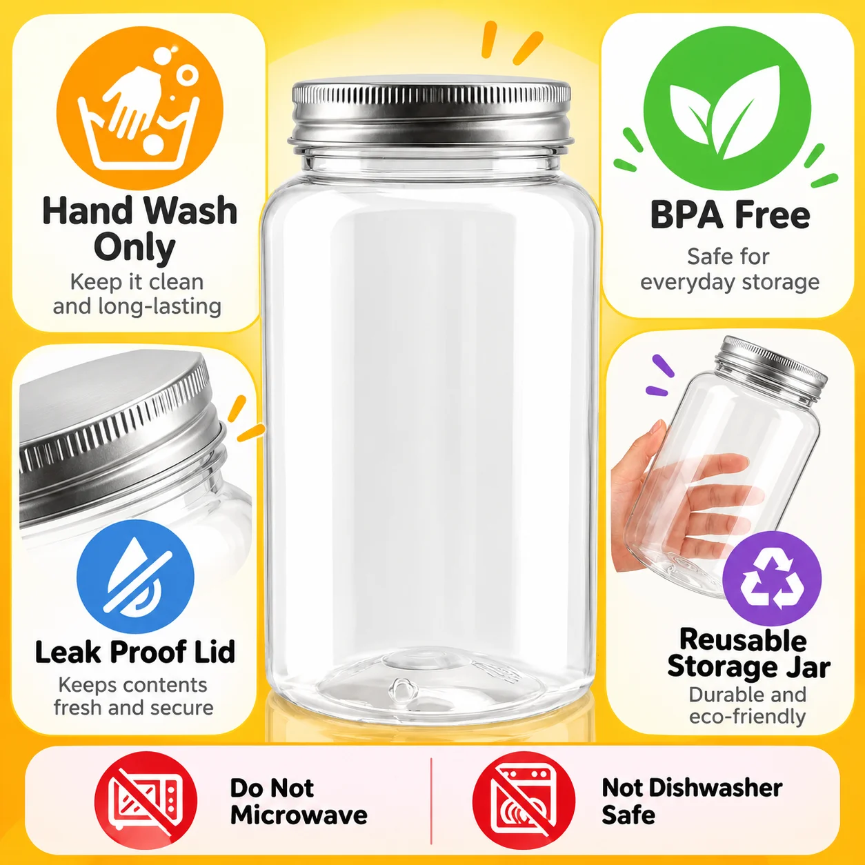 1PCS 16.6oz Plastic Storage Shatter Proof Jars with Leak Proof Lids, BPA Free, Hand Wash Only