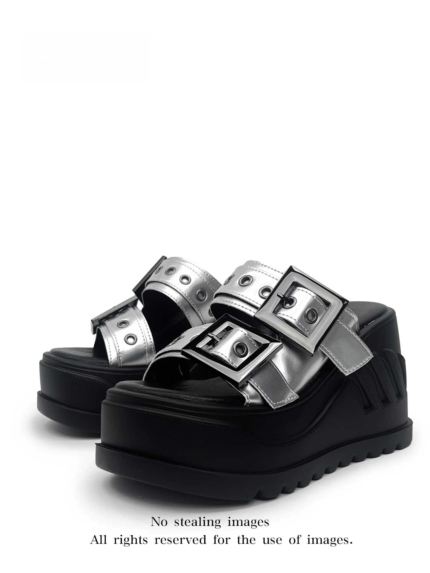 

MibVias Punk Style Metal Buckle Thick Heel Sandals Women's Dark Gothic Flat Bottom Clogs Casual Slip-On Shoes Rubber Sole