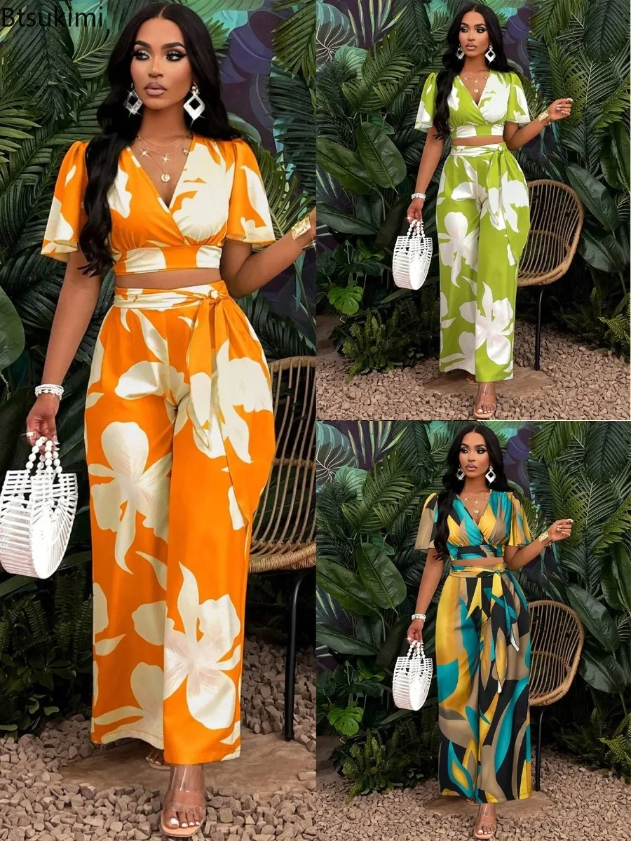 

New Summer Women's Vacation Boho 2 Piece Sets 2026 Fashion Tropical Print Ruched Sleeve Top and Tie Waist Wide Leg Pants Outfits