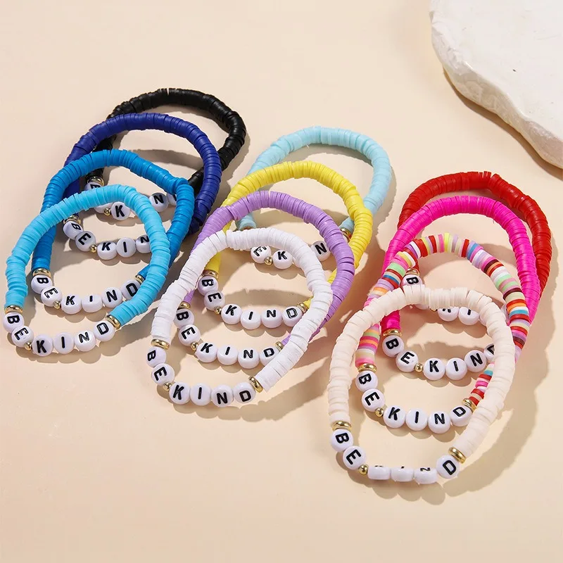 Handmade  12pcs Colorful Polymer Clay Beads Bracelet Trendy Customized Letter Be Kind Bracelet Boho Inspired Friendship Bracelet