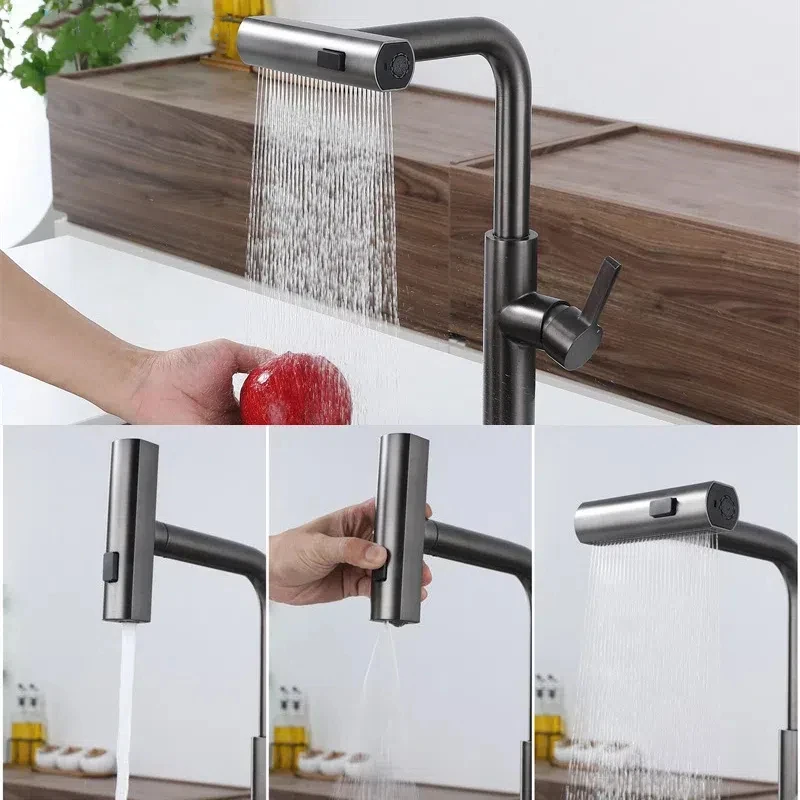 

Black Kitchen Faucets Gray Pull Out Rotation Waterfall Stream Sprayer Head Sink Mixer Brushed Nickle Water Tap Accessories