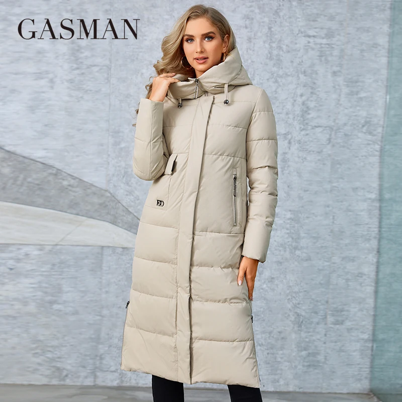 

GASMAN Fashion Women's Winter Coat Slim Long Stand Collar Hooded Thickened Warm Down Jacket Casual Pocket Ladies Parka GM-82151