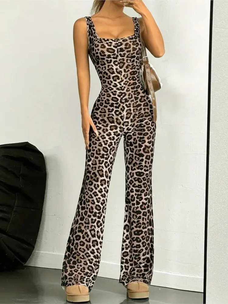 

Women's Clothing Slim Fit Backless Printed Leopard Print Micro-flare Jumpsuit For Women Simple Style Off Shoulder Trendy Casual