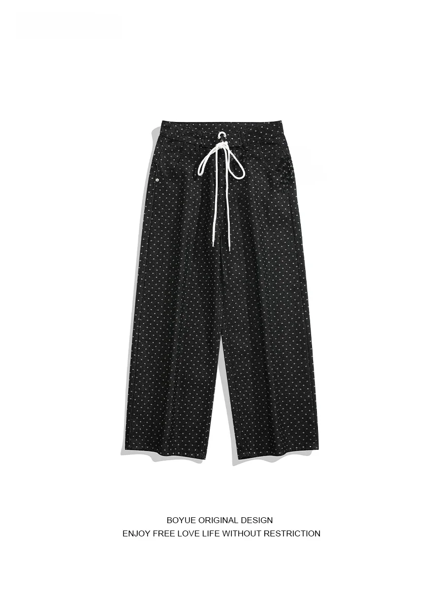 

Boyue American Retro Polka Dot Dstring Jeans Men Women Casual Drapey Long Pants Straight Leg Loose Fit Cotton Polyester Blend