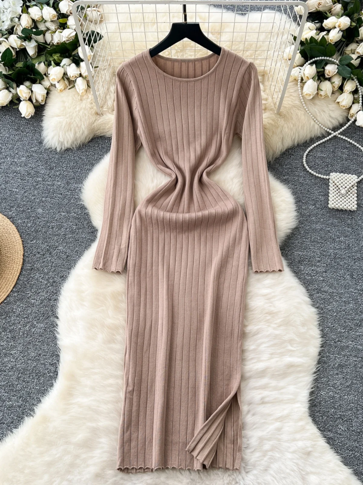 Vestido de Malha F de Crimento Médio, Vestido Suéter Elástico Modelador de Camada Base, Cintura Alta, Estilo Corean...