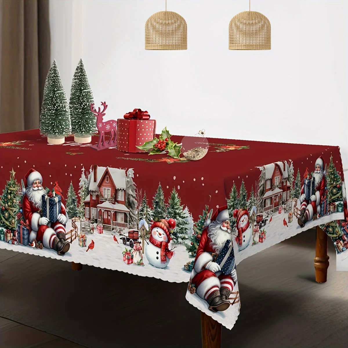 Farmhouse Christmas Tablecloth Rectangle Vintage Frame Deer Waterproof Stain Resistant Luxury Xmas Dining Table Decor