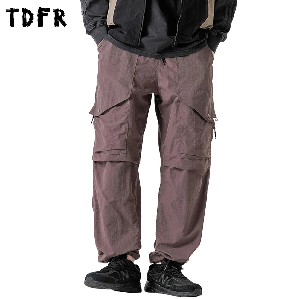 Solid Color Fleece Cargo Joggers Pants Mens Pocket Autumn Winter Retro Safari Style Elastic Waist Loose Wide Leg Trousers Men