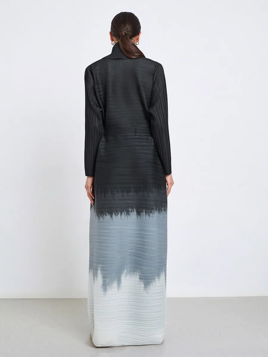 Fold Black White Gray Gradient Pleated Abaya Belted Waist Soft Fabric Elegant Robe 2025 Trendy Casual Daily Wear Chic Ensemble