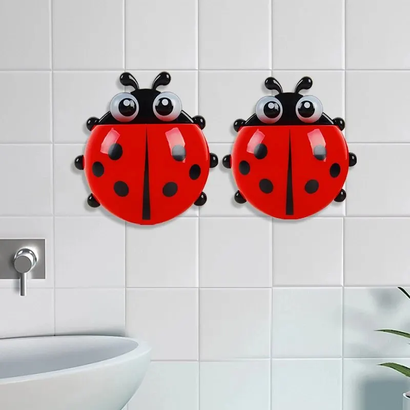 2pcs Toothbrush Holder Cute Ladybug Shape Suction Cup Creative Toothbrush Rack Bathroom No-punching Storage Shelf