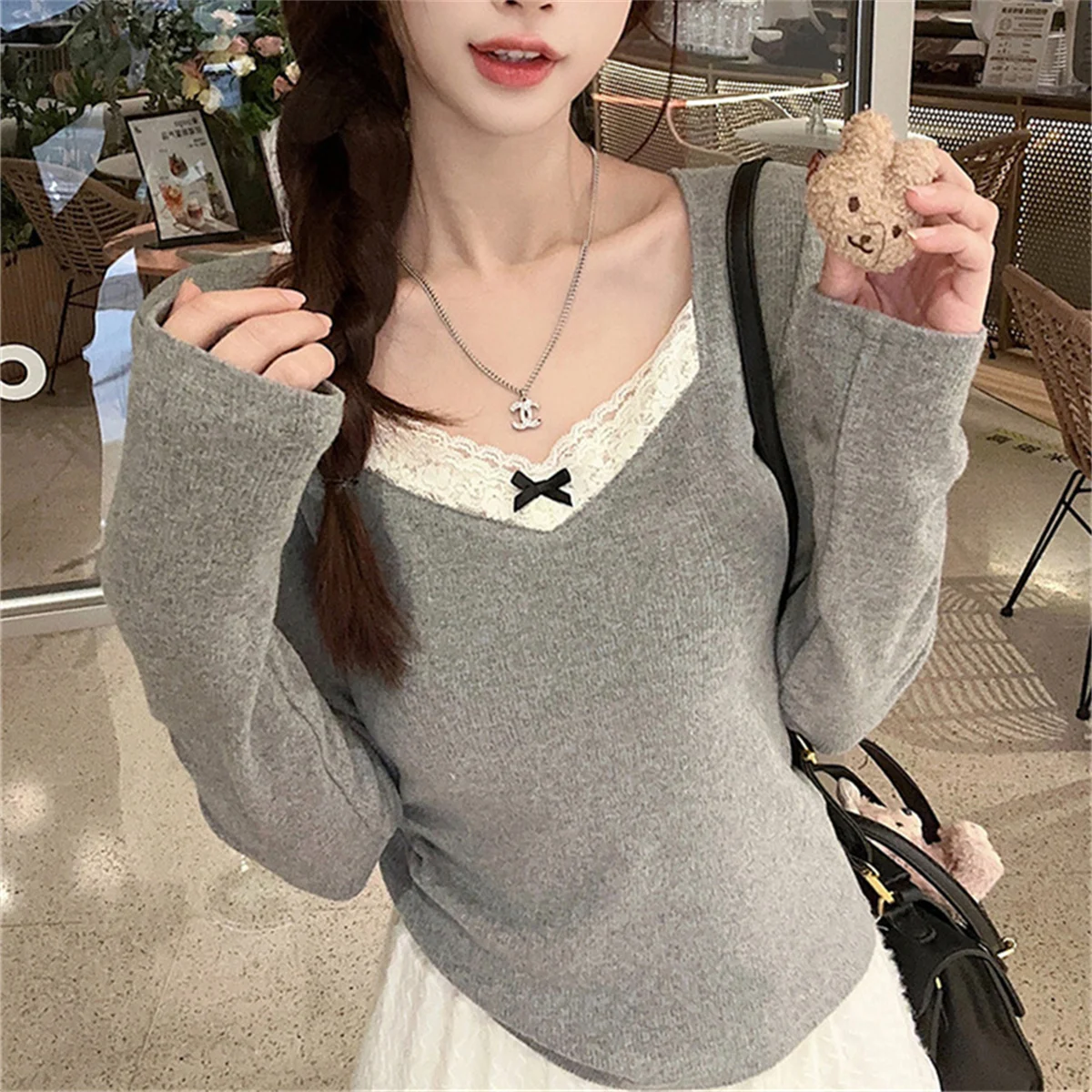 Woman's Cute Girl Korean Style Long Sleeve T-shirts Women Lace Patchwork Bow Sweet Girls Slim Solid Under Wear Design 2026 New