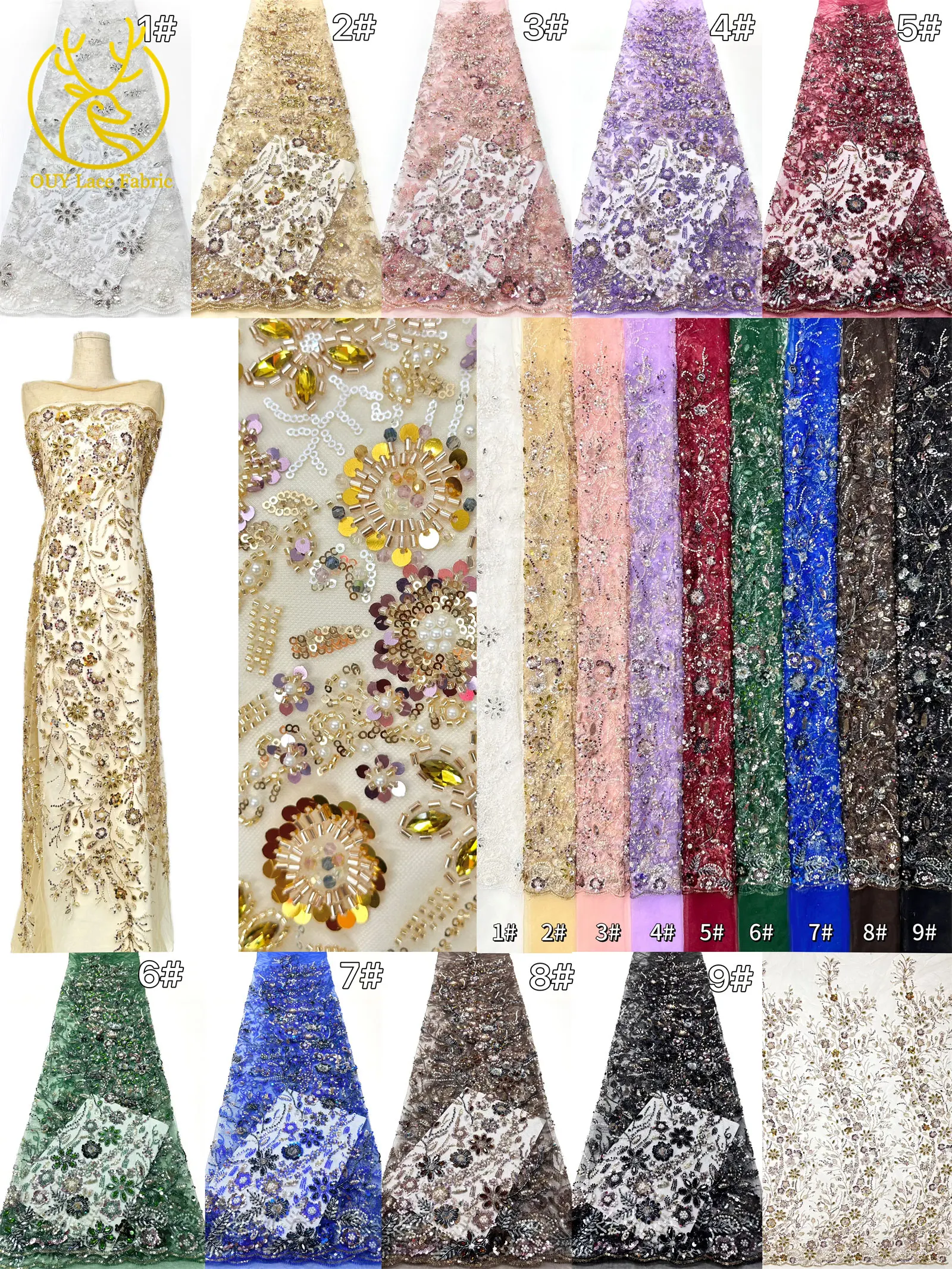 Gold Luxus Afrikanischer Stein Bräutigam Perlen Spitzenstoff 2026 Nigeria Französischer Tüll Pailletten Spitzenstoff für Brautpartykleid Nähen – Detail 3