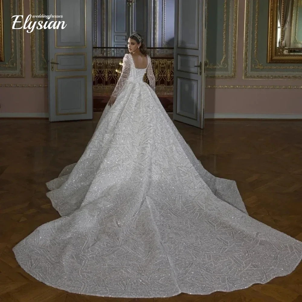 Customized luxury Ball Gown Square Neck Wedding Dress Sparkly Sequined Beading Long Sleeves Bride Gown Vestido De Novia