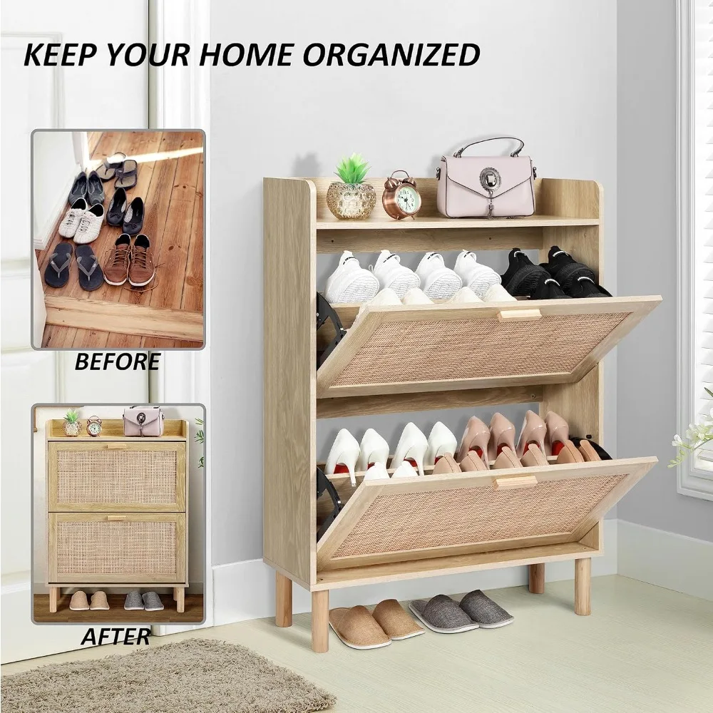 Extended Edition Shoe Cabinet with Natural Rattan Flip Drawers for Entryway, Free Standing 2 Tier Slim Shoe Organizer