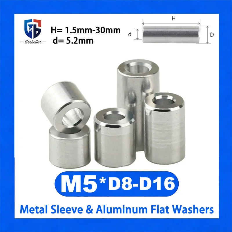 M5 Metal Sleeve Aluminum Flat Washers Aluminum Alloy Spacer Thick Bushings Length 1.5mm-30mm For Machinery Hardware Fasteners