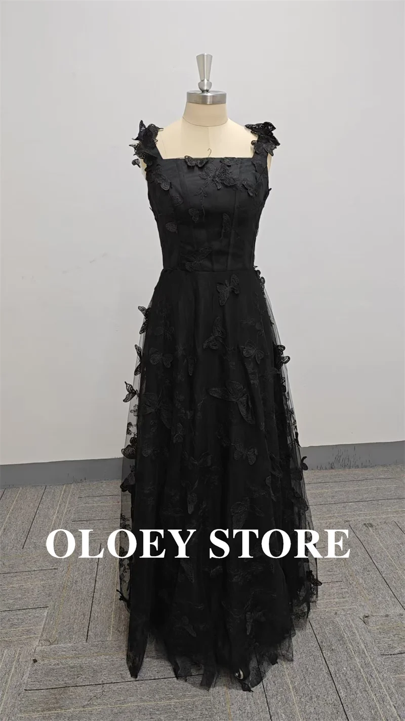 OLOEY Black Evening Dresses Korea photo shoot Straps Lace Floor Length Wedding Party Formal Gowns Corset Back In Stock