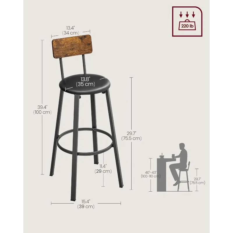 Bar Stools, Set of 2 PU Upholstered Breakfast Stools, 29.7 Inches Barstools with Back and Footrest, Simple Assembly