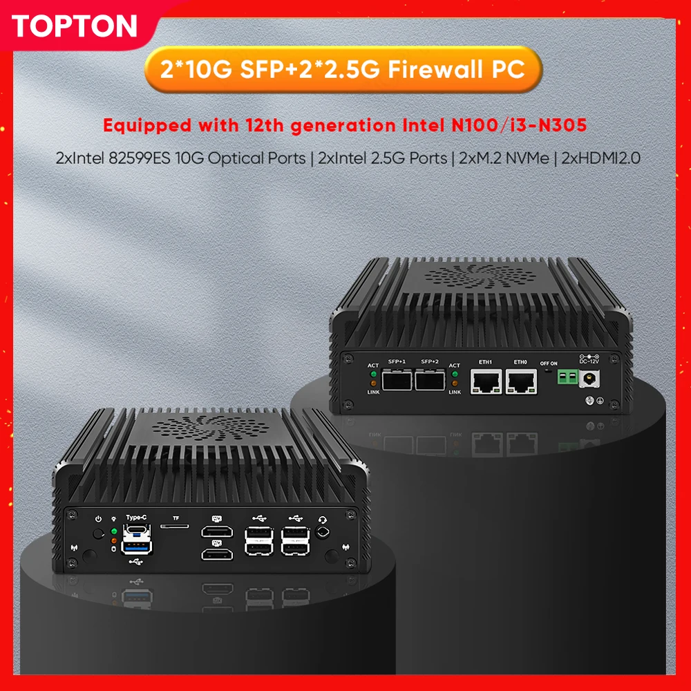 Topton 12th Gen 2x10G SFP+ Intel i3 N305 N100 2x i226-V 2.5G DDR5 NVMe Soft Router Mini PC NAS Firewall Appliance Proxmox Server