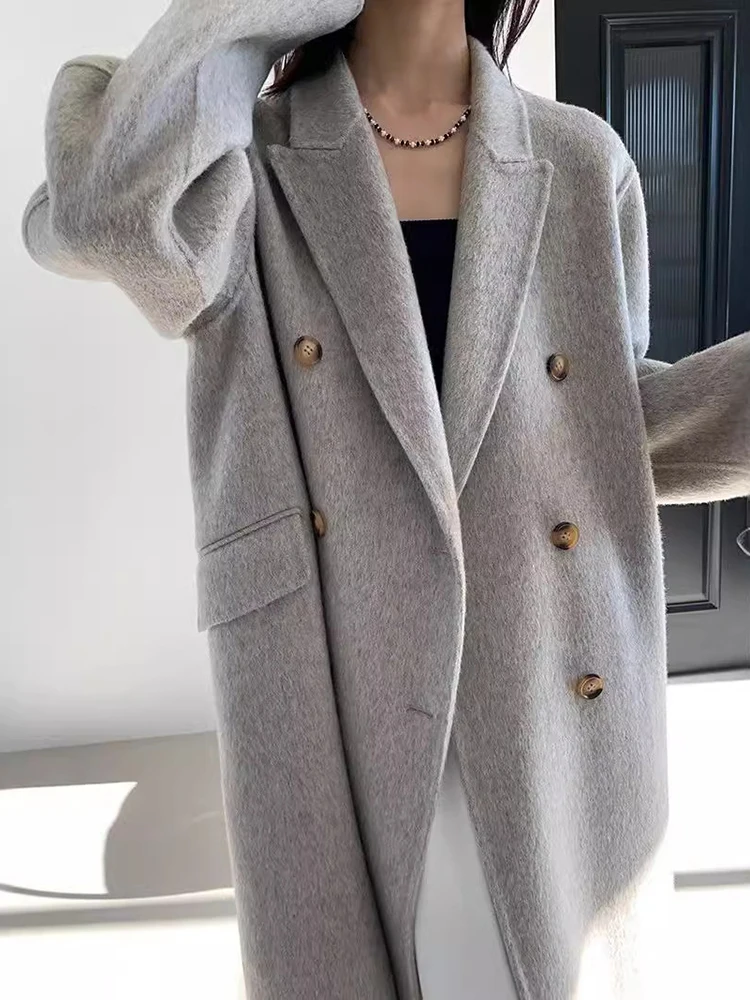 BZVW High-end Double-sided Wool Coat Women's 2025 Autumn New Notched Double Breasted Solid Color Mid Length Coats 25A8976