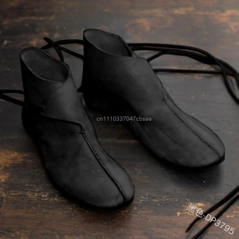 Men Medieval Retro Leather Short Boots Japanese Samurai Style Casual Flat Shoes For Knight Prince Cosplay Ankle Boot Costume
