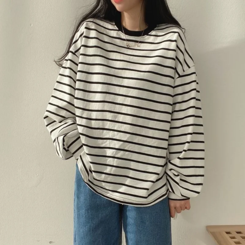 Casual Striped Loose T Shirts Spring Autumn New O-Neck Long Sleeve All-match Simplicity Tops Tees Fashion Korean Women Clothing