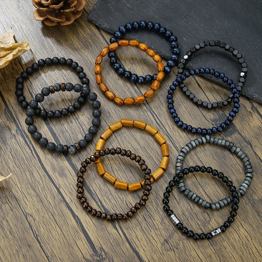 Vintage Wood Beads Coconut Shell Volcanic Stone Handmade Beaded Bracelet 10 Sets Men\\\\\'s Elastic Couple Brazalete Bracelet