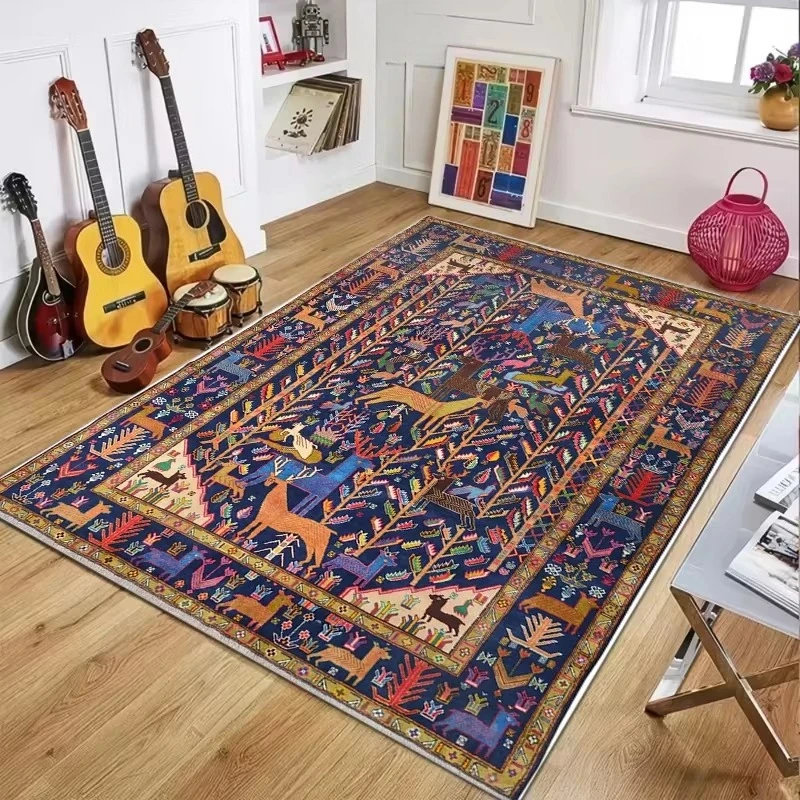 Vibrant Traditional Persian Area Rugs Featuring Animal Floral Patchwork Motifs in Red Black Blue for Eclectic Bohemian Home Deco