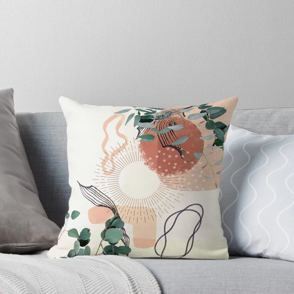 

Eucalyptus Branch Abstract Tropical Boho Minimalist Art with warm earthy tones and pastel colors with solid and sof Throw Pillow