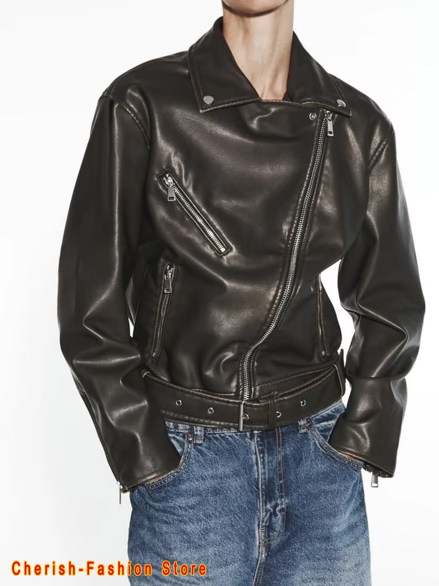 Blouson en similicuir PU femme, streetwear, vintage, avec ceinture, fermeture éclair, rétro, motard, 2023