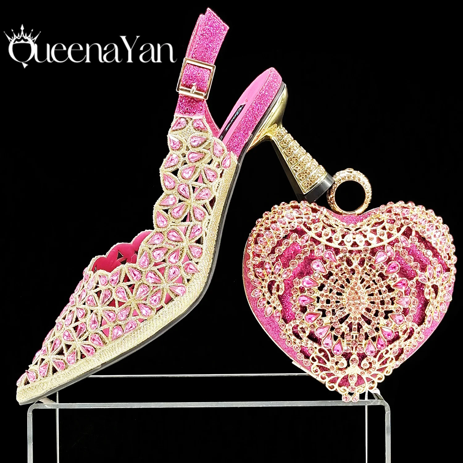 QSGFC New Shoes and Bags Matching Set 2024 Nigerian Women Heel Party for Women Fuchsia Colour Italian Design Wedding INS Design