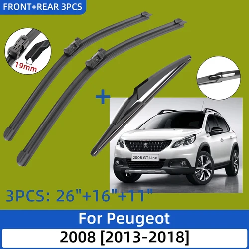 Para Peugeot 2008 2013-2018 26 ""+ 16"" + 11 ""escobillas de limpiaparabrisas delanteras y traseras accesorios 2016 2017 2018