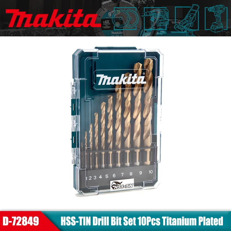 Makita D-72849 HSS TIN Drill Bit Economy Set 10-Piece Twist Drill Bits Straight Shank Metal Tool Attachments High Quality