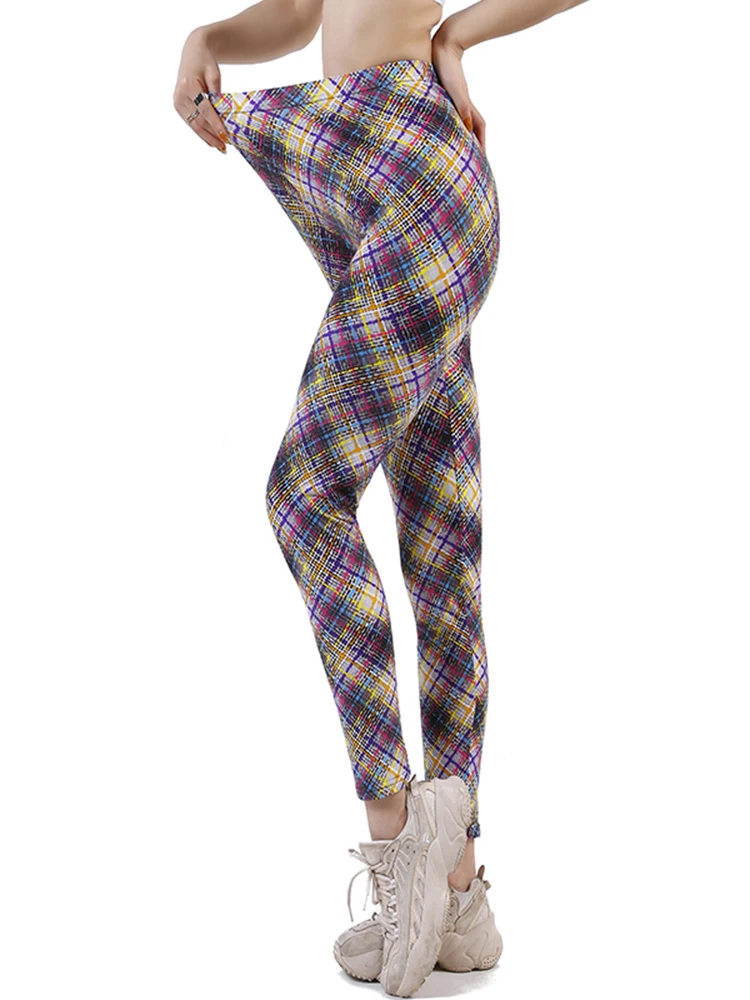 YSDNCHI 2022 Fitness Activewear Sport Elastic Plaid Printed Leggings Women Pants XXL Workout Trousers High Waist Leggins