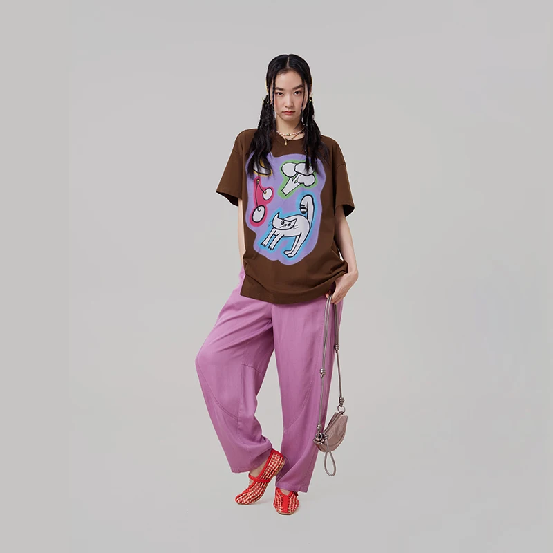MOVEUP Short Sleeved Round Neck T-Shirt 2026 Summer New Fun Animal Plant Print Asymmetrical Hem Design Top For Women 3ELX10562