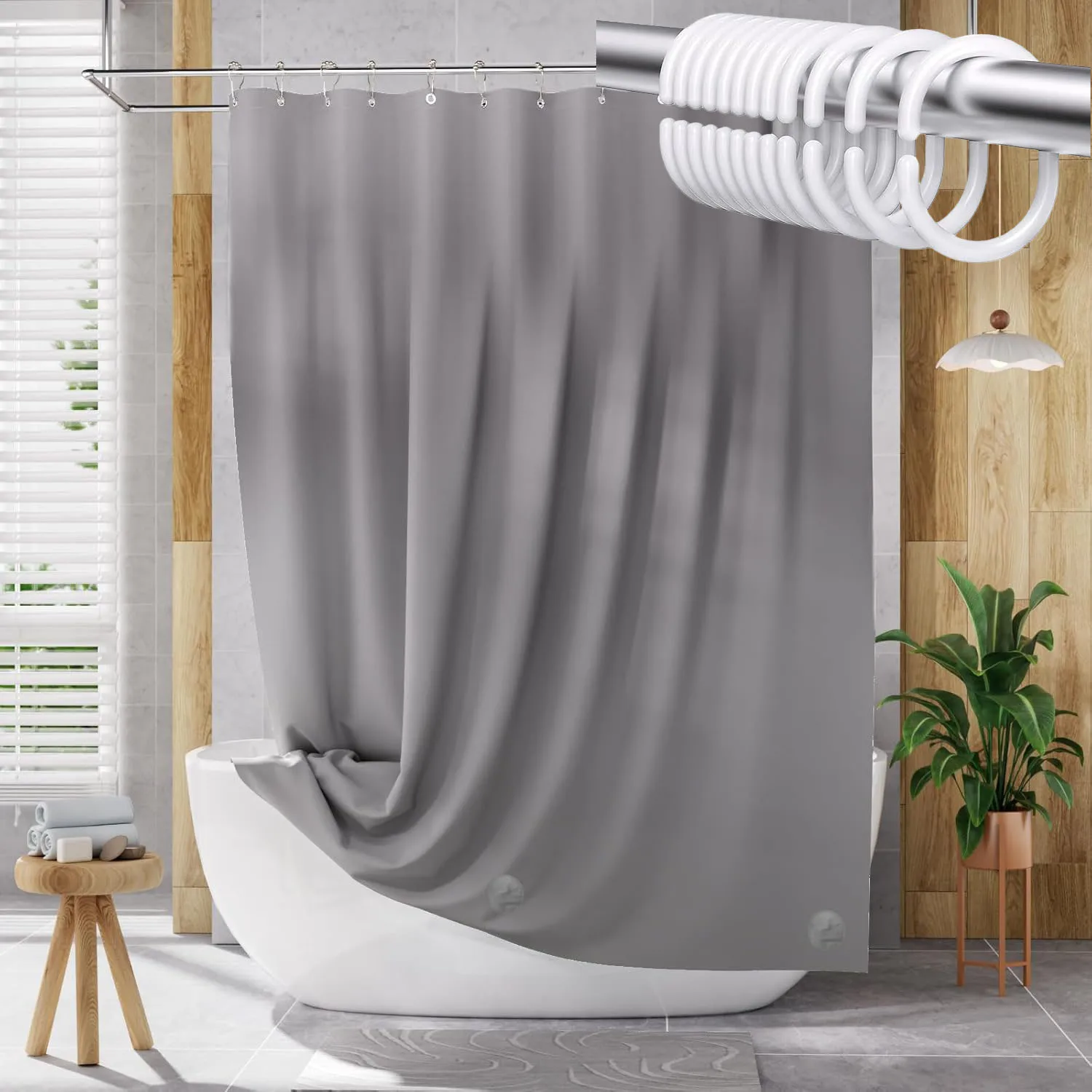 Grauer PEVA-Badevorhang mit Magnetstreifen, wasserdichte Duschmatte für Badewanne – Badezimmervorhang – Detail 1