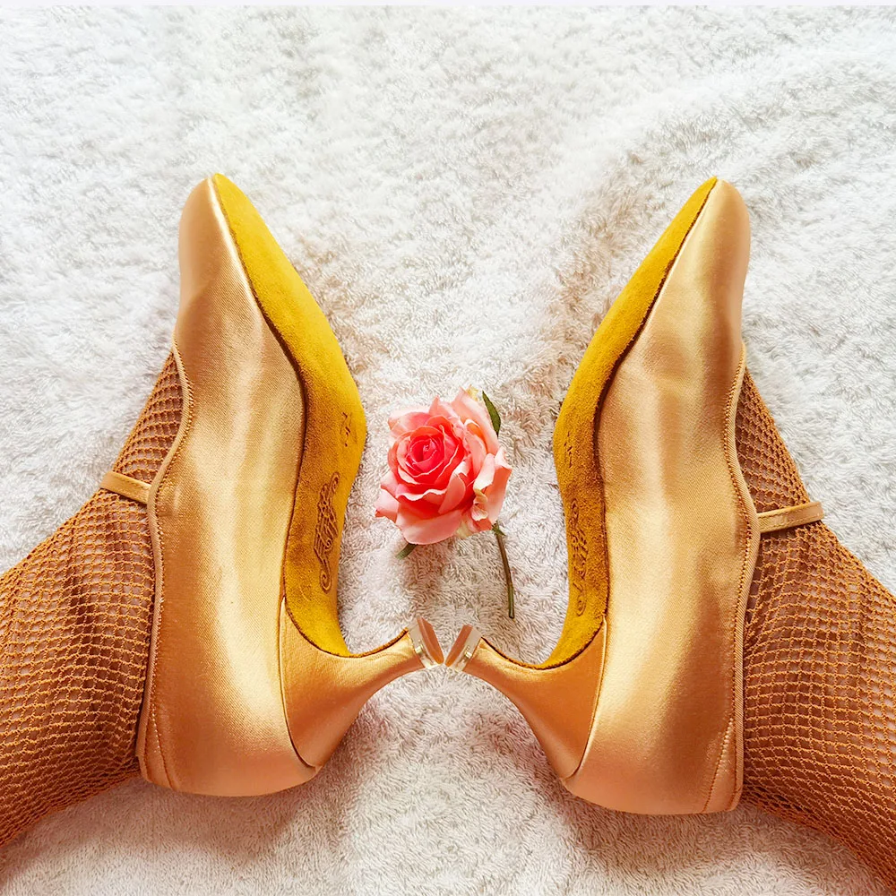 Betty Adult Women's National Standard Modern Dance Shoes Waltz Soft Bottom Satin Social Dance ShoesHighHeelsBrownBD137 BallrOOM