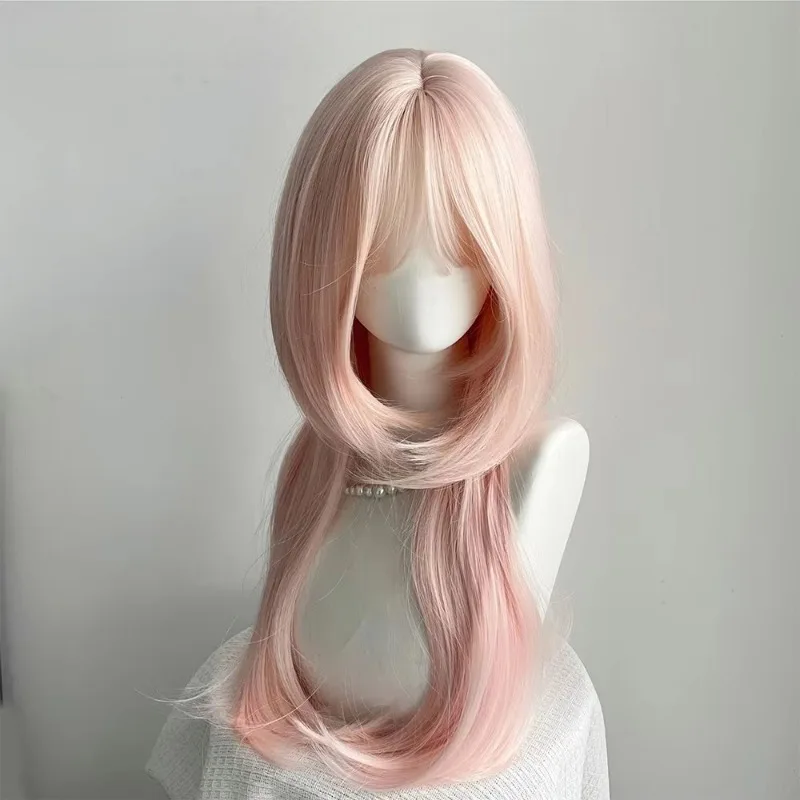 Light Pink Synthetic Wig with Bangs Medium Length Straight Layered Lolita Women Party Role Play Heat Resistant