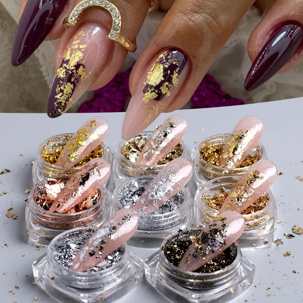 8 stücke Rose Gold Silber Schwarz Unregelmäßige Folie Papier Fragmente Nagel Flocken Gold Folien Nagel Pailletten Aufkleber Glitter DIY maniküre Dekor
