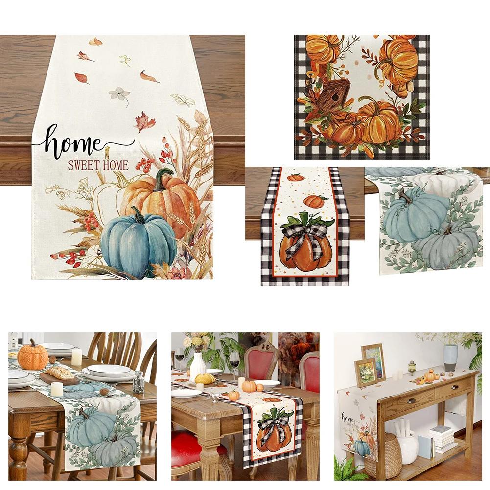 Autumn Thanksgiving Table Runner Linen Buffalo Plaid Pumpkins Mushrooms Dining Table Decoration Indoor Outdoor Tablecloth Decor