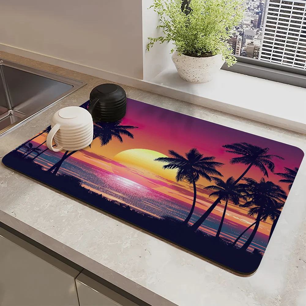 

Hawaii Beach Palm Tree Draining Pad Drying Mat For Kitchen Bar Coffee Dishes Rubber Quick Drying Water Absorbent Anti-slip Mat