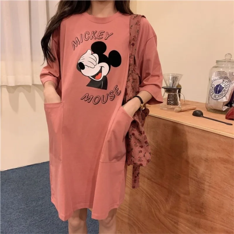 Summer Womens dresses T Shirt Cotton Quality cartoon Print T-shirt Mid-length Short Sleeve Girls Casual sexy long Female dress