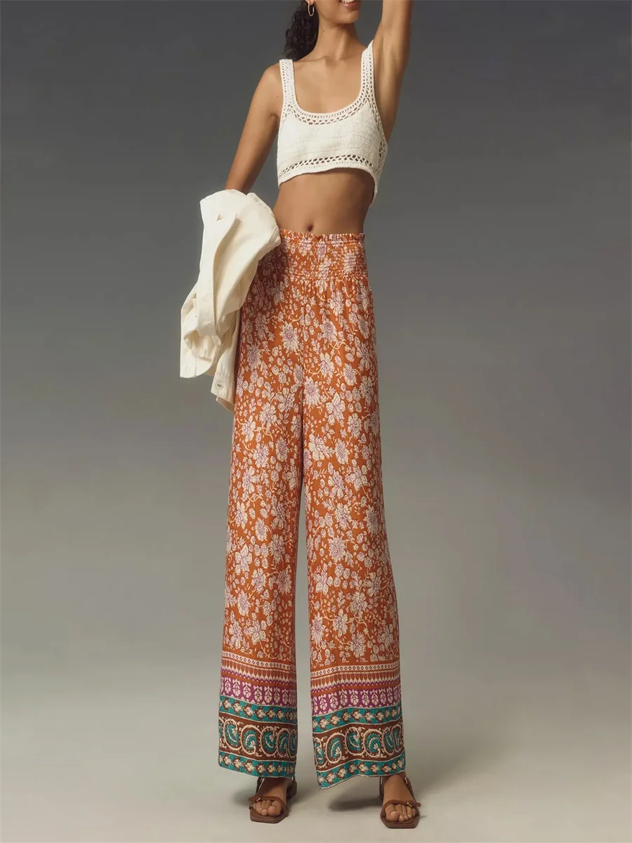 Retro Women'S Drawstring Elastic Waistband Pants  Spring and Autumn Fashion Printed Wide Leg Pants Women'S Casual Loose Pants