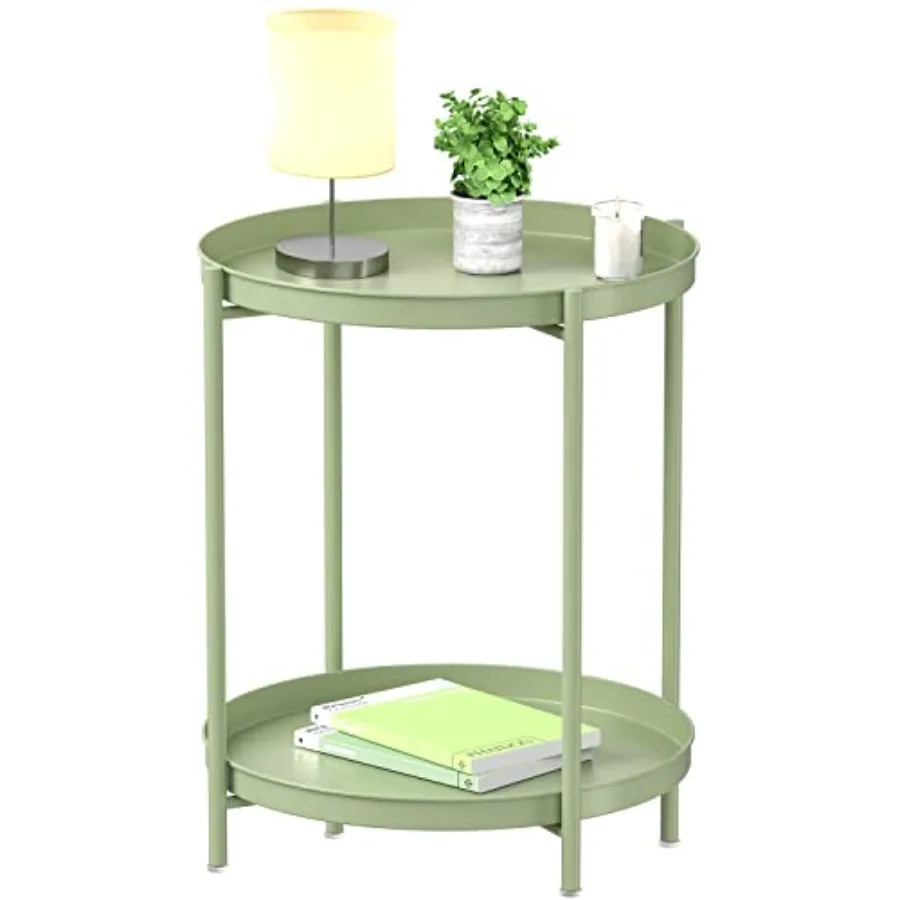 2 Tier End Table - Metal Side Table Waterproof Small Sofa Coffee Side Tables Bedroom Indoor Outdoor with Removable Tray for Liv