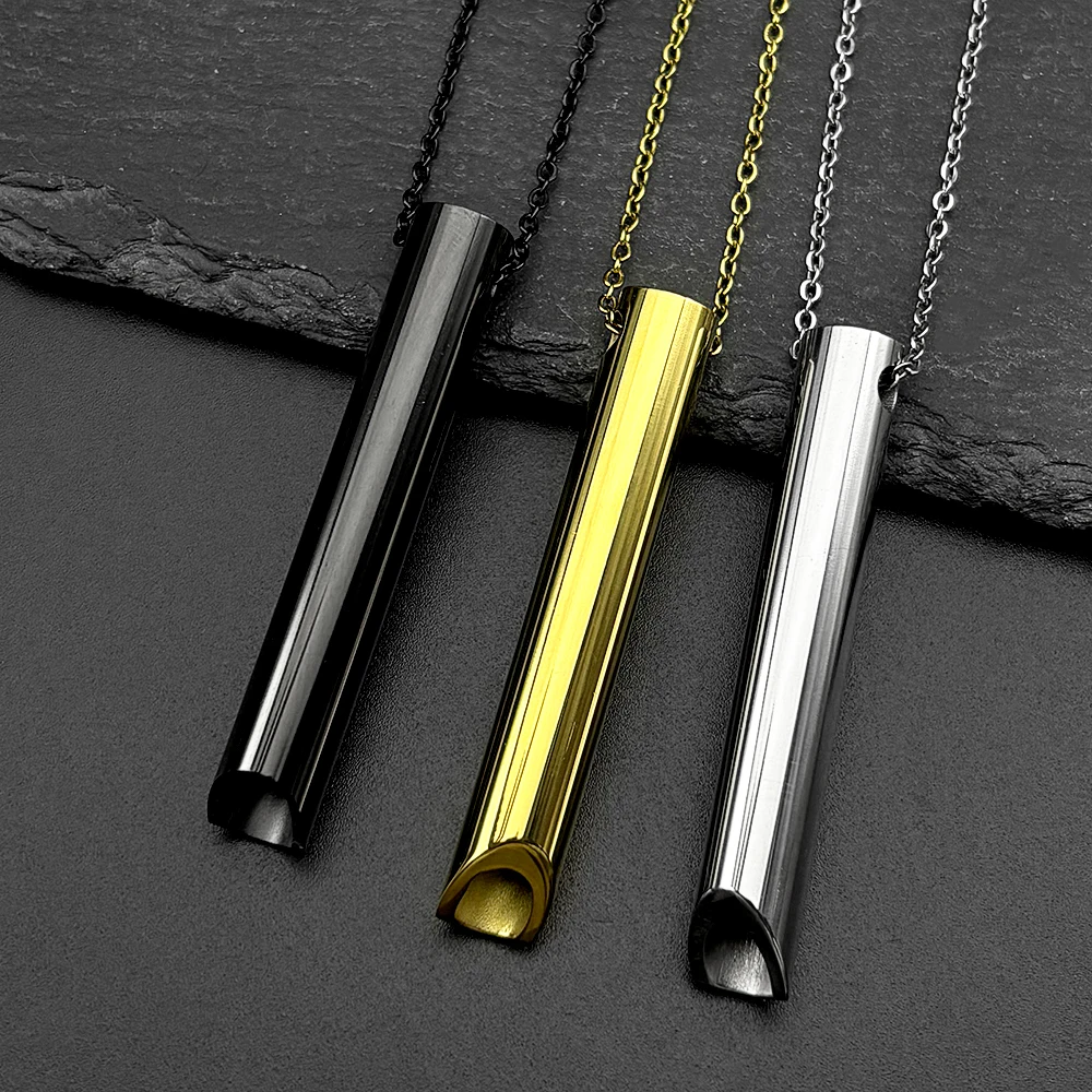 Yoga Breath Training Tube Pendant Necklace for Women Men Stainless Steel Gold Color Stress Relief Meditation Whistle Jewelry