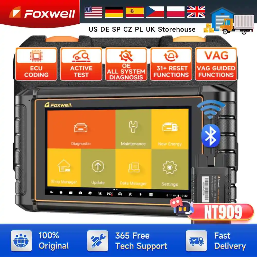 FOXWELL NT909 Car Diagnostic Tools CANFD/DOIP OBD2 Scanner All System Active Test 31+ Reset ECU K-ey Coding Automotive Scanner