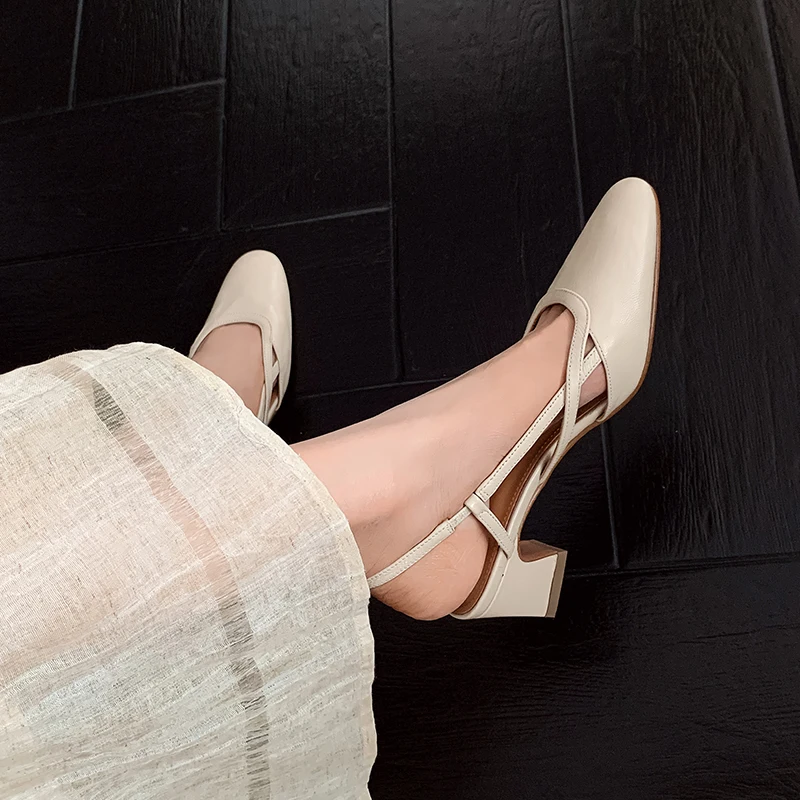 

Woman Sandals Med Heel Summer Shoes Slip On Sheepskin Simple Pumps Square Heel Spring Autumn Elegant Slingback Sandals