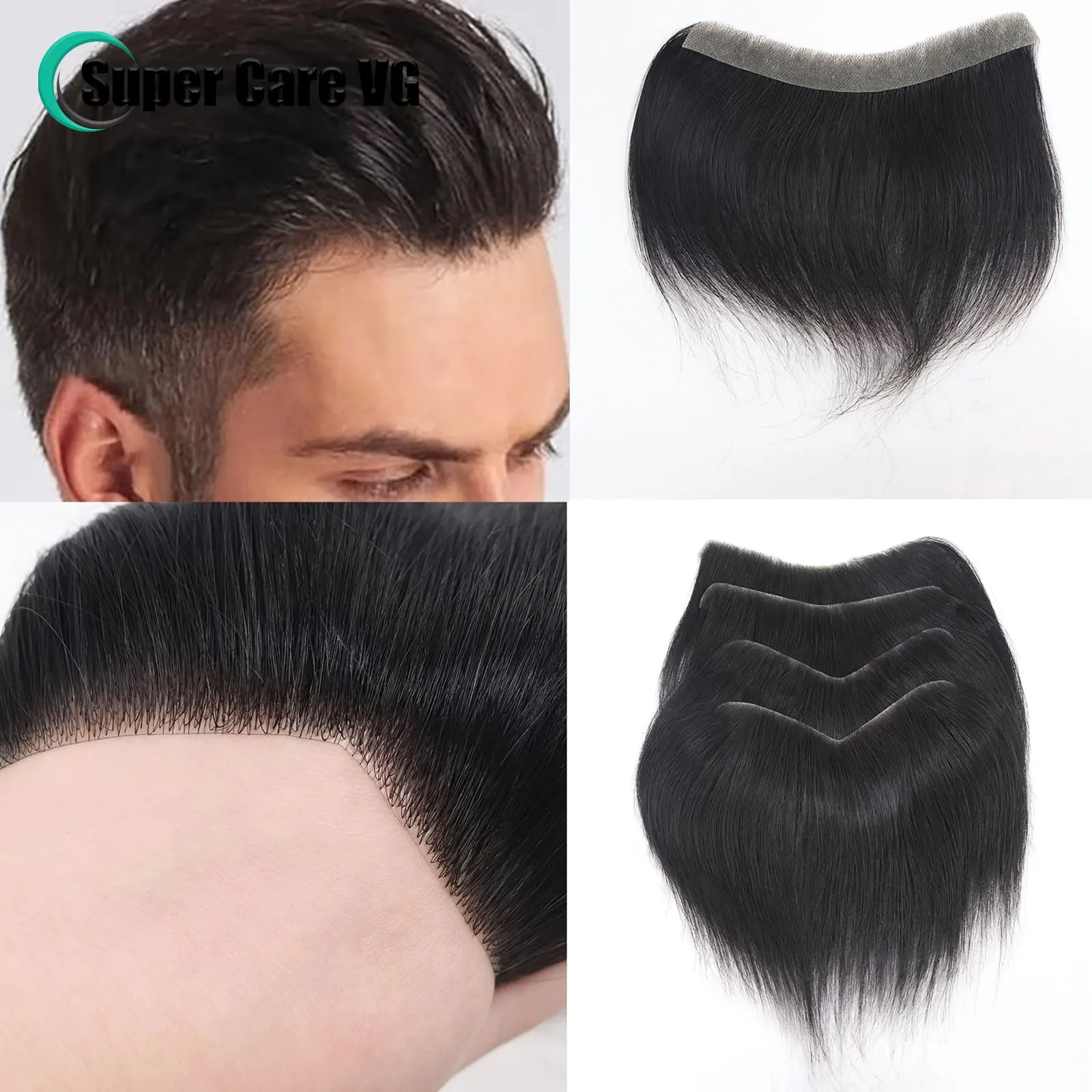 내추럴 블랙 인모 Toupee 남성용 이마 헤어피스 패치, V 루프, 보이지 않는 심리스 피부, 풀 PU 남성용 모세관 보형물 