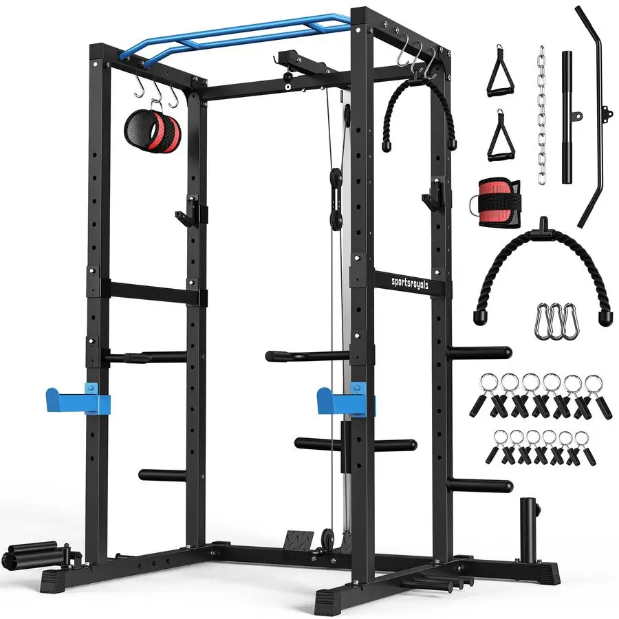 

Power Rack, MultiFunctional Power Cage with LAT Pulldown Pulley System, Squat Rack with More Training Attachments