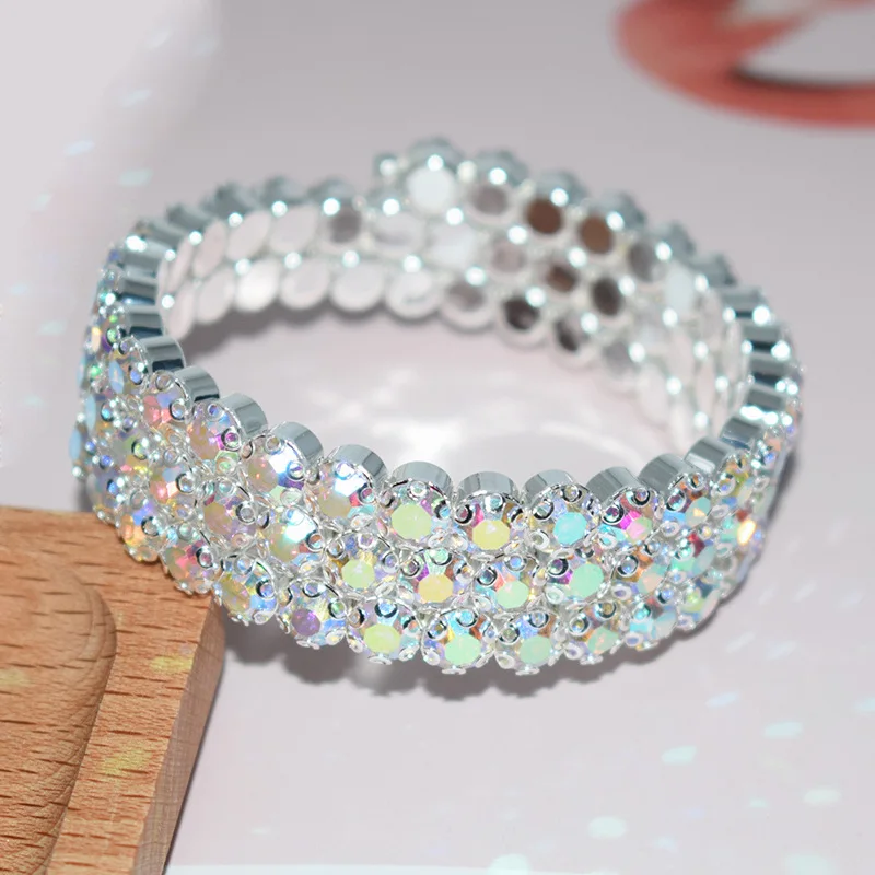 TREAZY Fashion Bridal Jewelry Multilayers Crystal AB Color Stones Bracelets for Women Full Rhinestones Wedding Hand Wrist Bangle